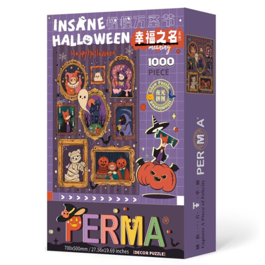 Side angled view of the puzzle box showing the title “Insane Halloween” and 1000-piece label.