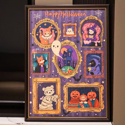 Completed “Feel The Spooky” puzzle framed and displayed vertically with all Halloween portraits visible.
