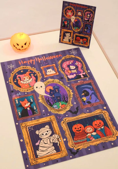 Finished puzzle laid flat on a white table next to a lit pumpkin candle and a smaller reference poster.