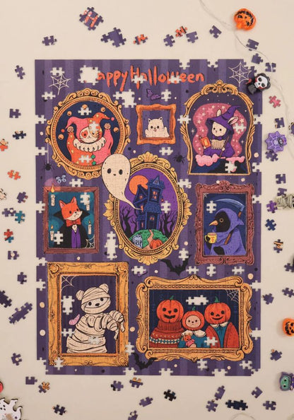 Partially assembled “Feel The Spooky” puzzle on a table with scattered pieces around.