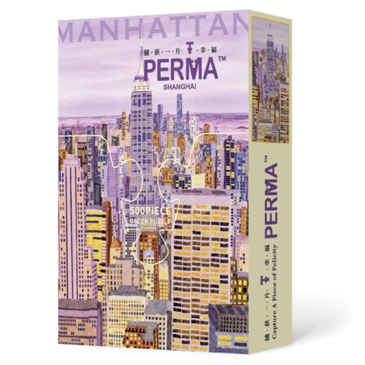 Angled view of the Fantasy Manhattan PERMA puzzle box with skyline artwork.