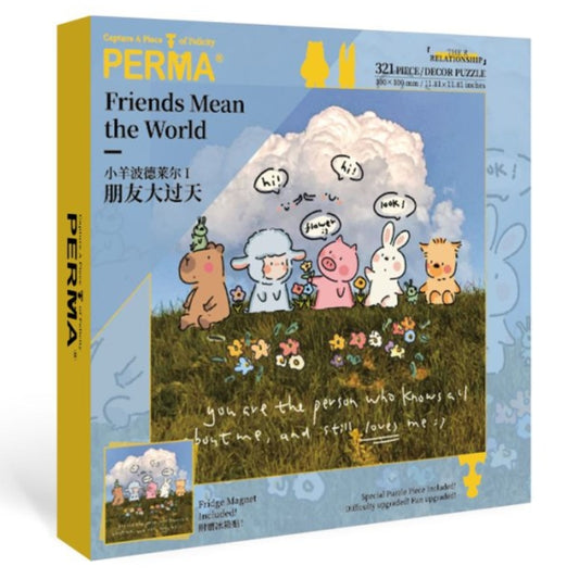 PERMA “Friends Mean the World” puzzle box showing animal friends illustration and product details.