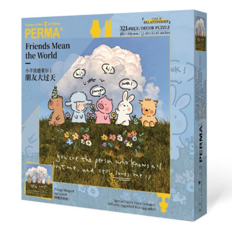 321-piece “Friends Mean the World” puzzle box at a three-quarter angle.