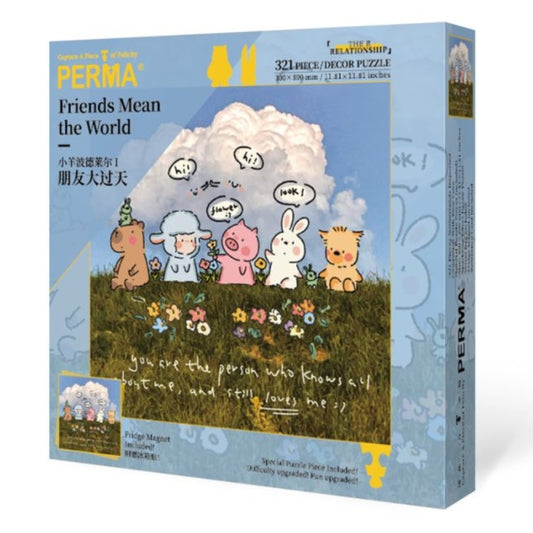 321-piece “Friends Mean the World” puzzle box at a three-quarter angle.