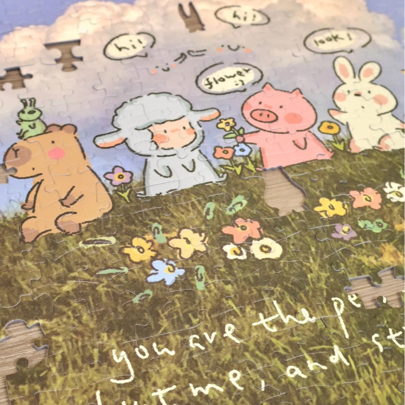 Partially completed puzzle showing animals and wildflowers with missing pieces.