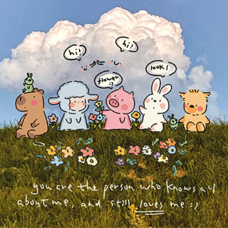 Cartoon bear, sheep, pig, bunny, and kitten sitting on grassy field with flowers under fluffy cloud, speech bubbles saying “hi,” “flower,” and “look!”