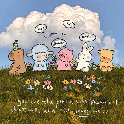 Cartoon bear, sheep, pig, bunny, and kitten sitting on grassy field with flowers under fluffy cloud, speech bubbles saying “hi,” “flower,” and “look!”