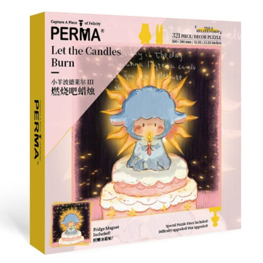 Box packaging of PERMA ‘Let the Candles Burn’ 321-piece decor puzzle featuring the cake-top character with a candle and golden halo.