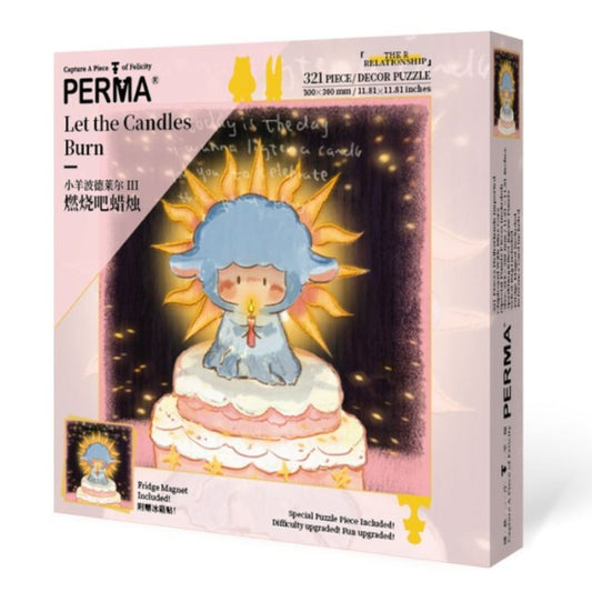 Alternate angle of the PERMA ‘Let the Candles Burn’ puzzle box showcasing the cake-top character holding a candle with glowing rays.