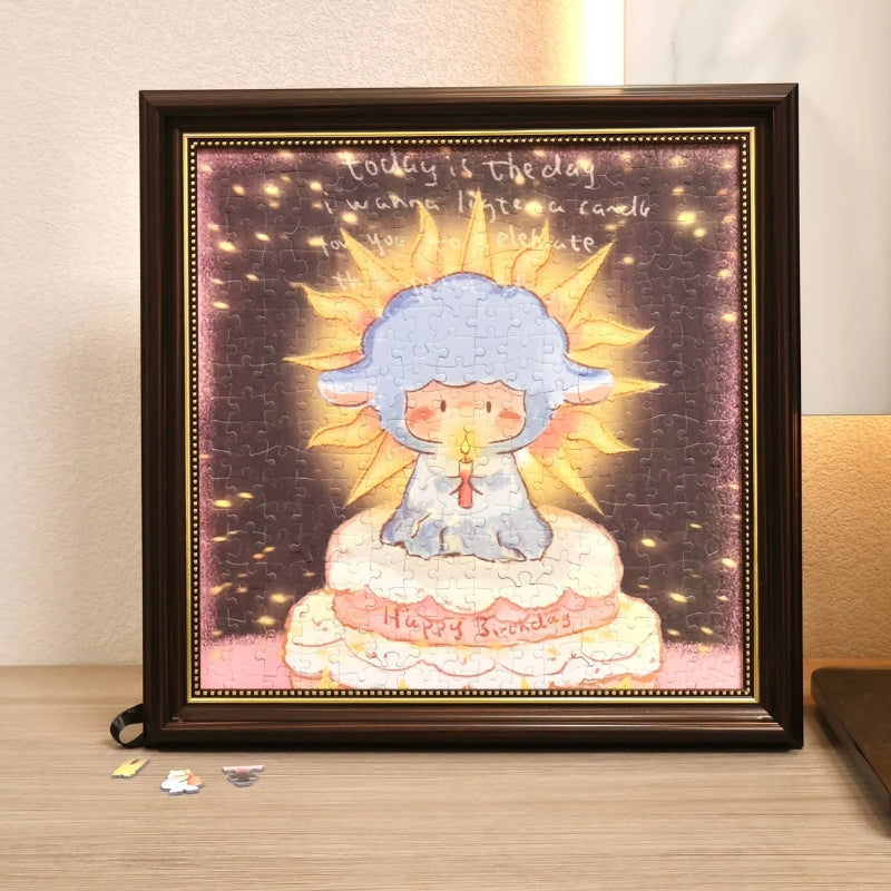 Completed ‘Let the Candles Burn’ jigsaw puzzle displayed in a dark wooden frame, showing the cake-top character illuminated by a warm glow.