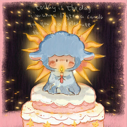 Illustration of a cute character in a blue hood sitting on a layered cake, holding a glowing candle, surrounded by golden rays and twinkling lights.