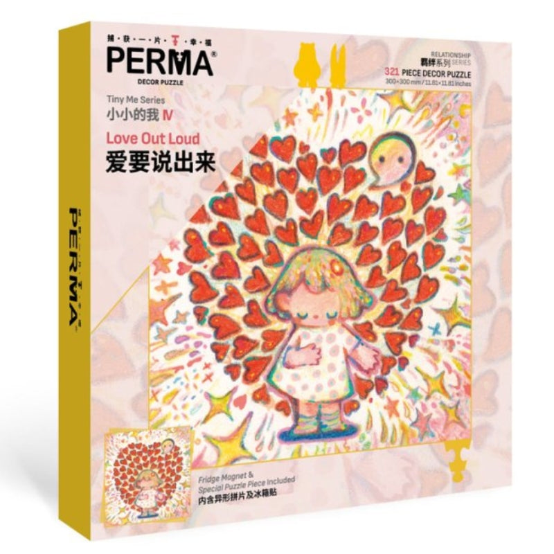 Front view of PERMA “Love Out Loud” puzzle box with bright red hearts and a smiling character artwork.