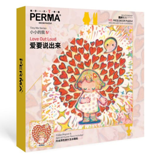 Front view of PERMA “Love Out Loud” puzzle box with bright red hearts and a smiling character artwork.