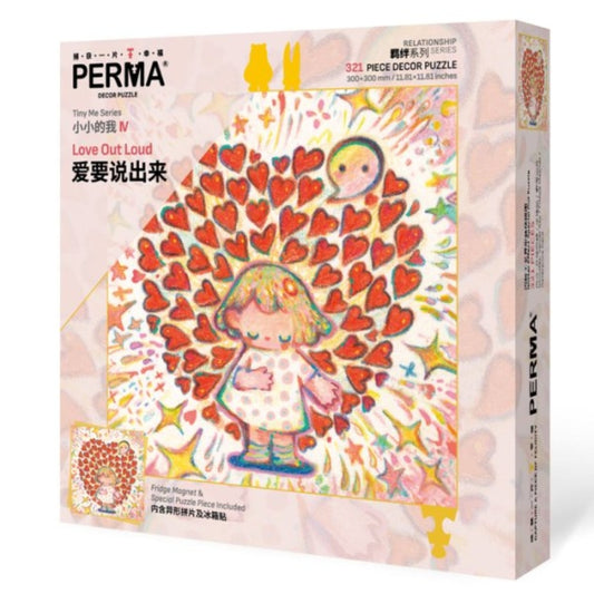 Side-angled view of PERMA “Love Out Loud” puzzle box highlighting the packaging and artwork.