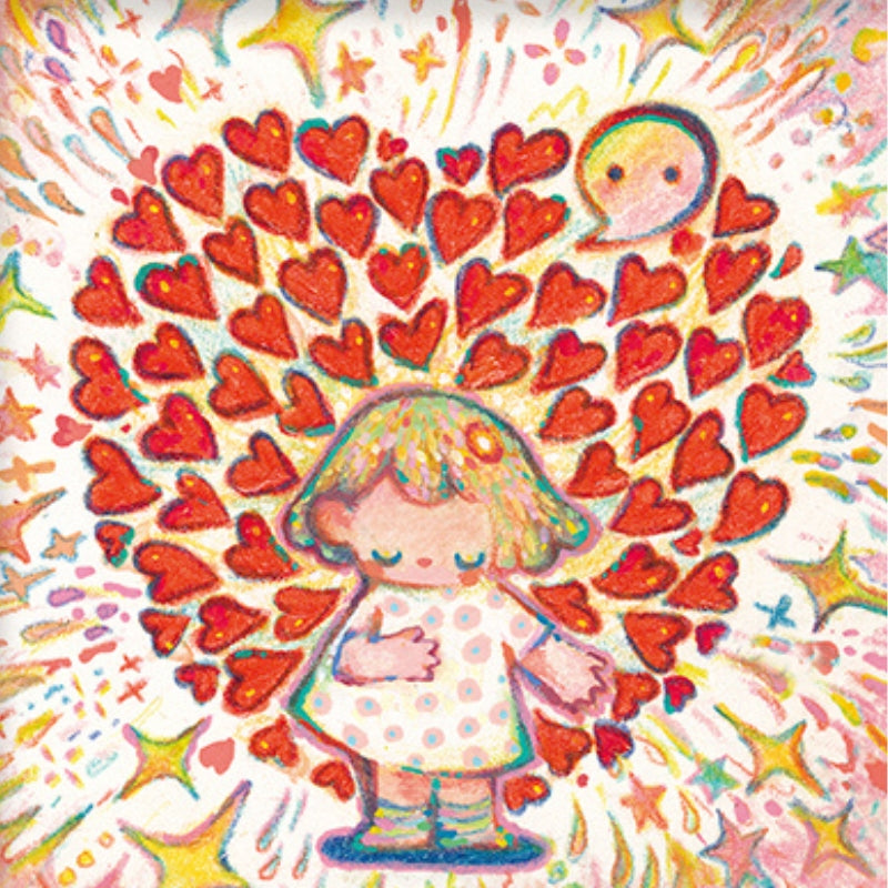 Illustration of a child in a polka-dot dress surrounded by a radiant burst of red hearts and colorful stars with a glowing speech bubble above.