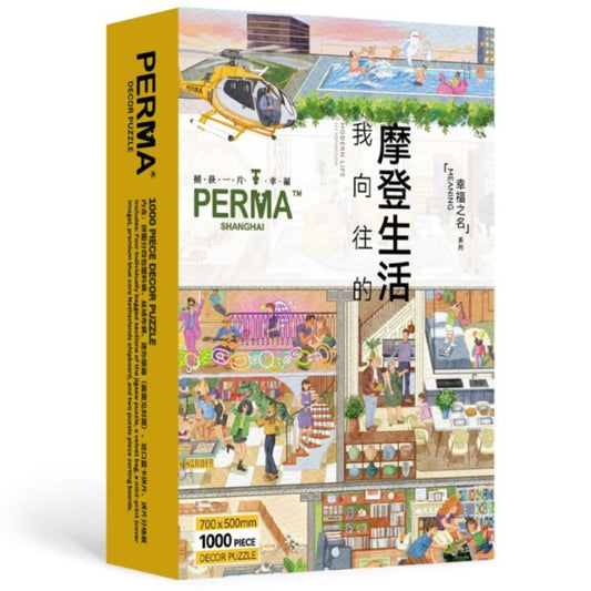 Box of PERMA ‘My Aspiration Modern Life’ 1000-piece jigsaw puzzle showing colorful urban lifestyle illustration.
