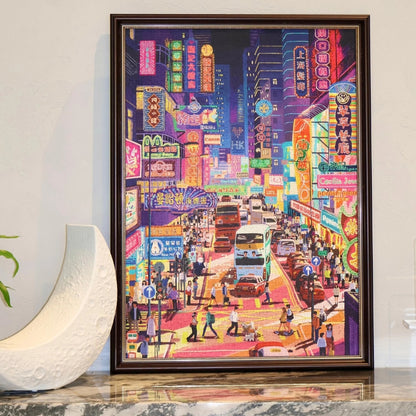 Completed and framed “Salute Hong Kong” 1000-piece puzzle displayed vertically as vibrant wall art.