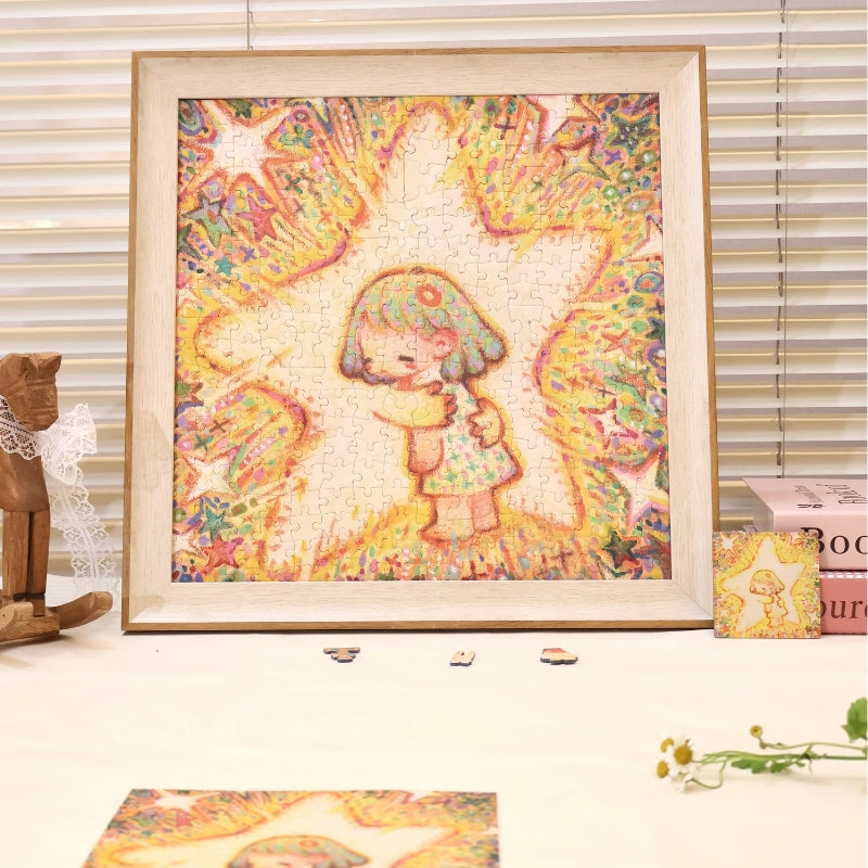 Framed completed The Hugging Star puzzle displayed on a white shelf beside a wooden rocking horse.