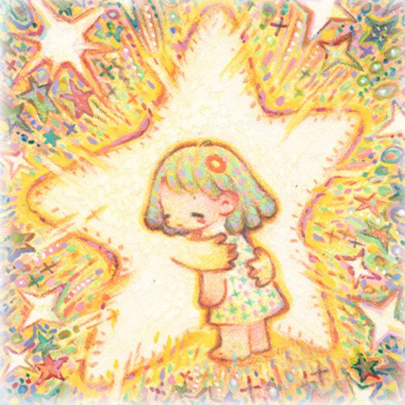 Digital artwork of the puzzle image showing a tender hug between a child and a star.