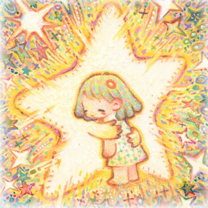 Digital artwork of the puzzle image showing a tender hug between a child and a star.