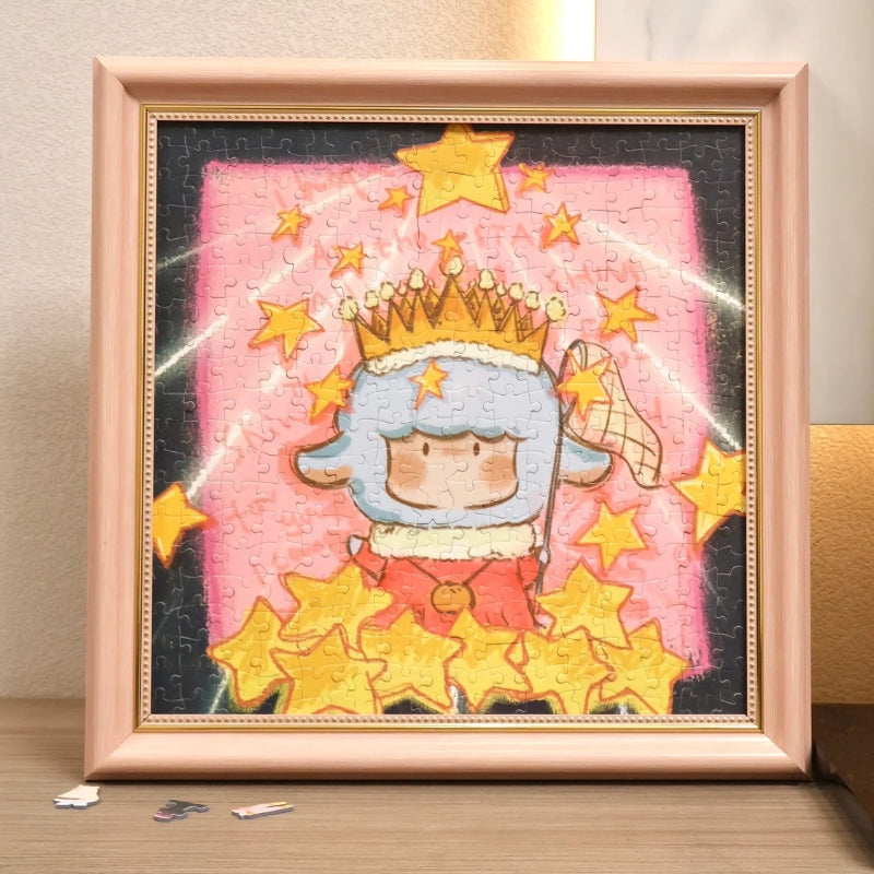Completed King of Stars puzzle in a pink wooden frame displayed upright on a tabletop.
