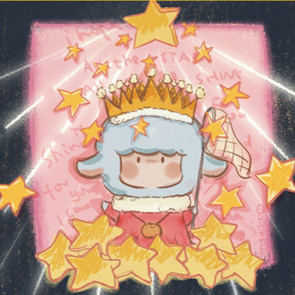 Illustration of a blue lamb wearing a golden crown, catching glowing stars against a pink-black starry background.