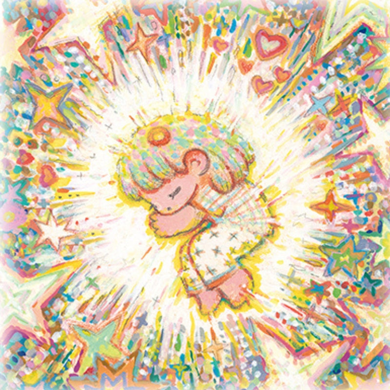 Digital artwork of the puzzle image — the central character glows in a colorful spray of stars and hearts.