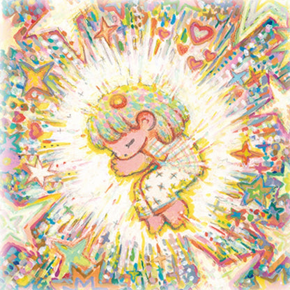 Digital artwork of the puzzle image — the central character glows in a colorful spray of stars and hearts.
