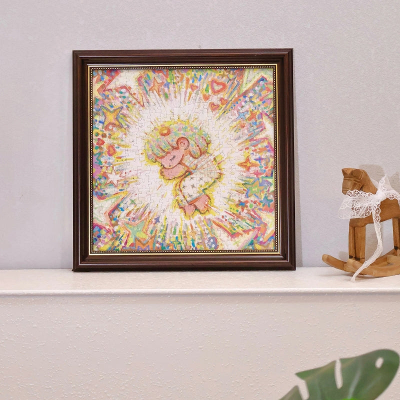Framed The Stars Know It All puzzle displayed on a shelf next to a wooden rocking horse.