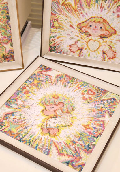 Close-up of framed completed The Stars Know It All puzzle showing the pastel character in a radiant burst of light.