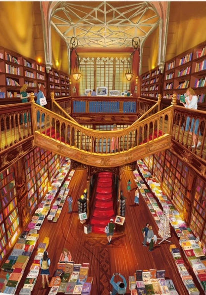 Illustrated puzzle image of the grand Livraria Lello vintage bookstore with red carpeted stairs, golden railings, and full bookshelves.