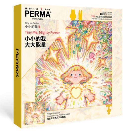 Front view of PERMA “Tiny Me, Mighty Power” puzzle box showing vibrant artwork and 321-piece label.