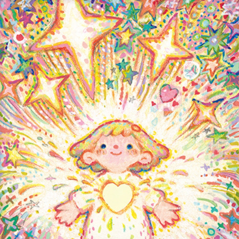 Cheerful child with glowing heart at the center of a vibrant starburst surrounded by colorful stars, hearts, and confetti-like sparkles.