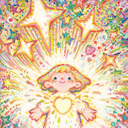 Cheerful child with glowing heart at the center of a vibrant starburst surrounded by colorful stars, hearts, and confetti-like sparkles.