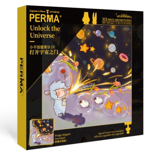 Box packaging of PERMA ‘Unlock the Universe’ 321-piece decor puzzle featuring the lamb unlocking stars and planets into the galaxy.