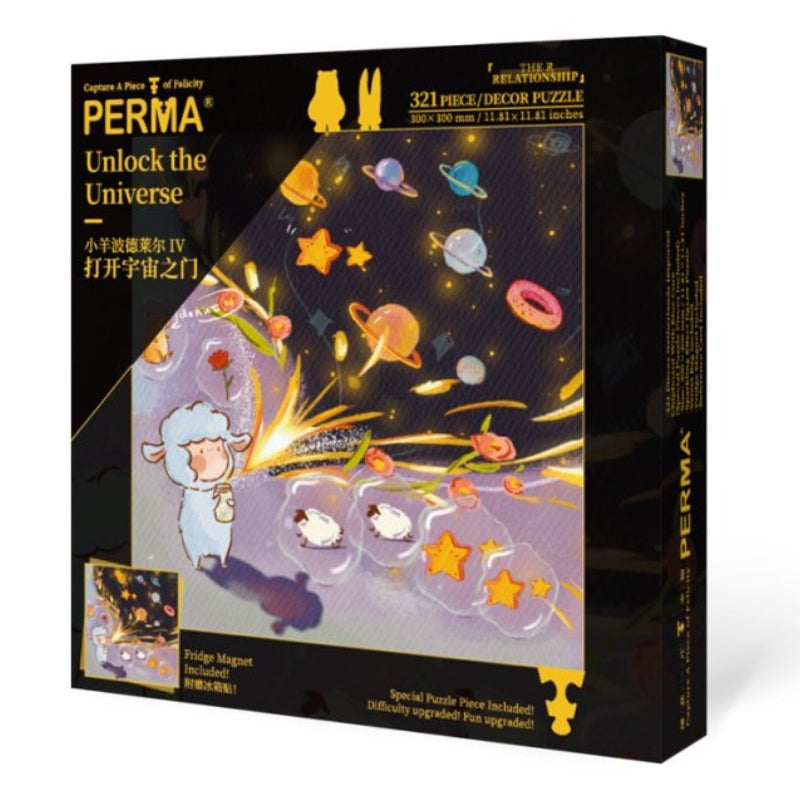 Alternate angle of the PERMA ‘Unlock the Universe’ puzzle box highlighting the vibrant galaxy artwork with floating stars and donuts.