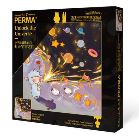 Alternate angle of the PERMA ‘Unlock the Universe’ puzzle box highlighting the vibrant galaxy artwork with floating stars and donuts.