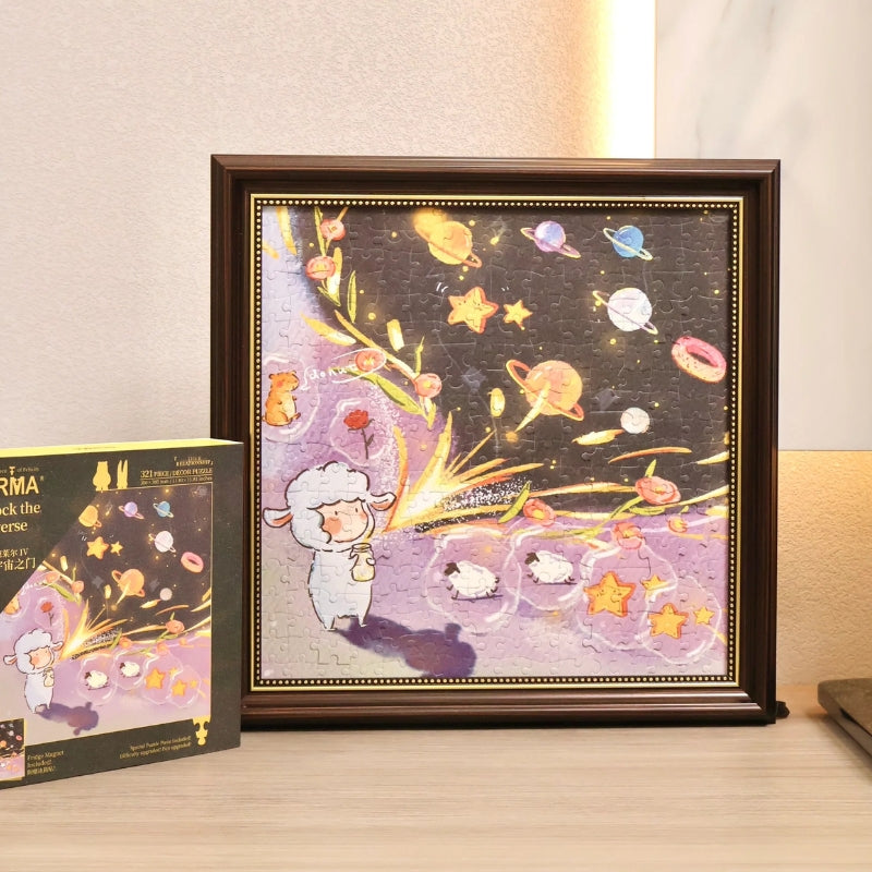 Completed ‘Unlock the Universe’ jigsaw puzzle displayed in a wooden frame next to its packaging box on a tabletop.