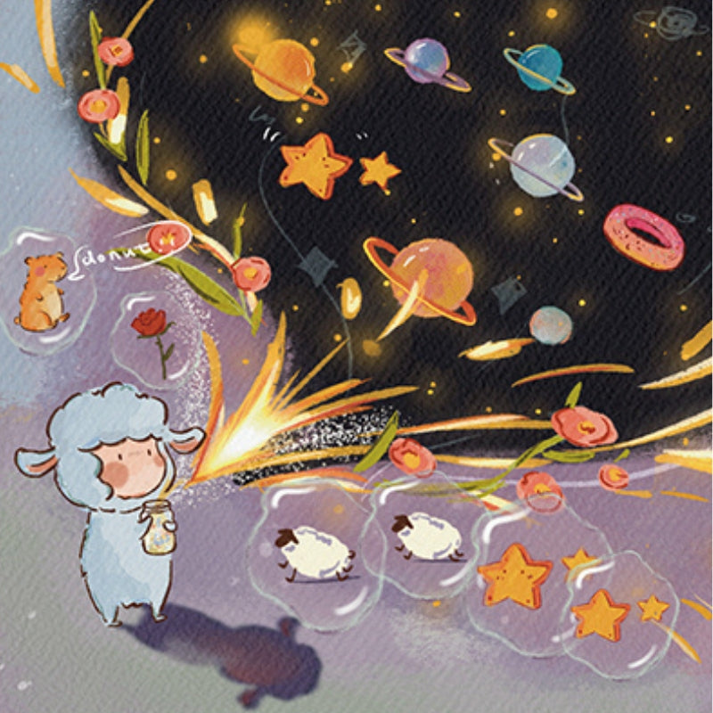 Illustration of a lamb holding a glowing jar releasing stars, planets, and donuts into a whimsical galaxy night sky.