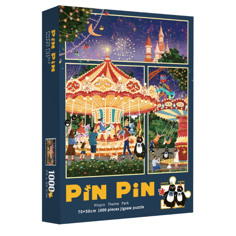 Box of Pinpin Theme Park 1000 piece puzzle with illustrated carnival artwork.