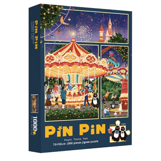 Box of Pinpin Theme Park 1000 piece puzzle with illustrated carnival artwork.