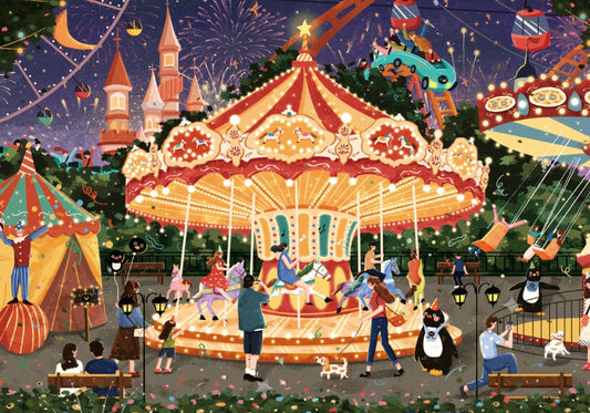 Completed puzzle featuring carousel, fireworks, and amusement park rides.