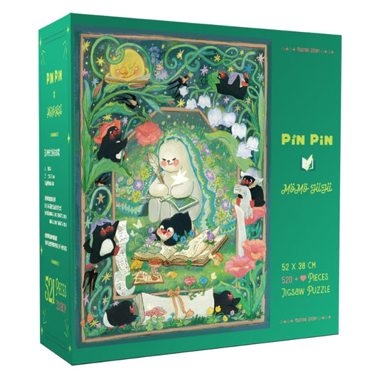 Bedtime Story 520 piece puzzle box by Pin Pin featuring bear and penguins surrounded by books, flowers, and glowing stars.