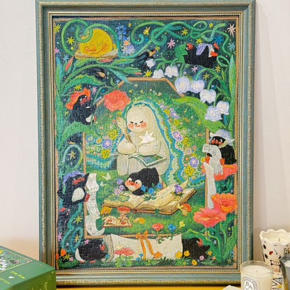 Completed Bedtime Story 520 piece jigsaw puzzle framed, showing magical bear, penguins, and floral forest details.