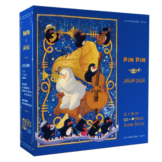 Blues Night Pin Pin puzzle box with bear and penguin jazz band illustration, 521 pieces jigsaw puzzle.