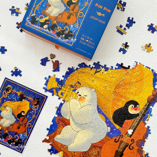 Blues Night puzzle being assembled alongside puzzle box and loose pieces, showcasing jazz band artwork.