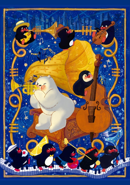 Blues Night puzzle artwork of bear and penguins playing jazz instruments with golden gramophone and city skyline.