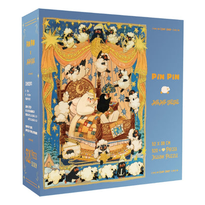 Count Sheep Pin Pin puzzle box showing bear and penguin in bed surrounded by sheep under a starry sky, 521 pieces.