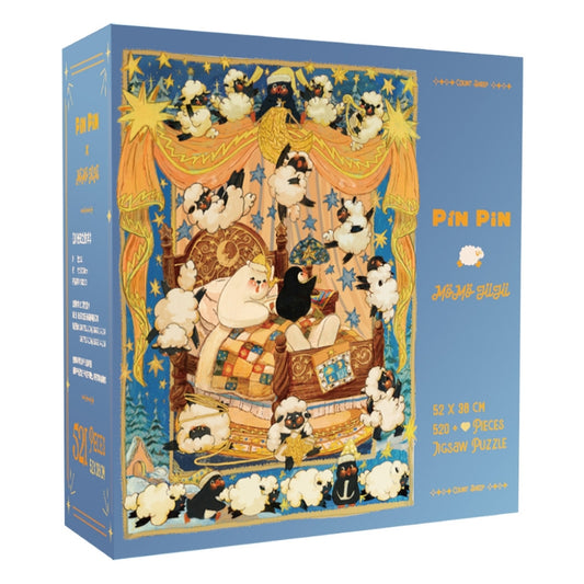 Count Sheep Pin Pin puzzle box showing bear and penguin in bed surrounded by sheep under a starry sky, 521 pieces.