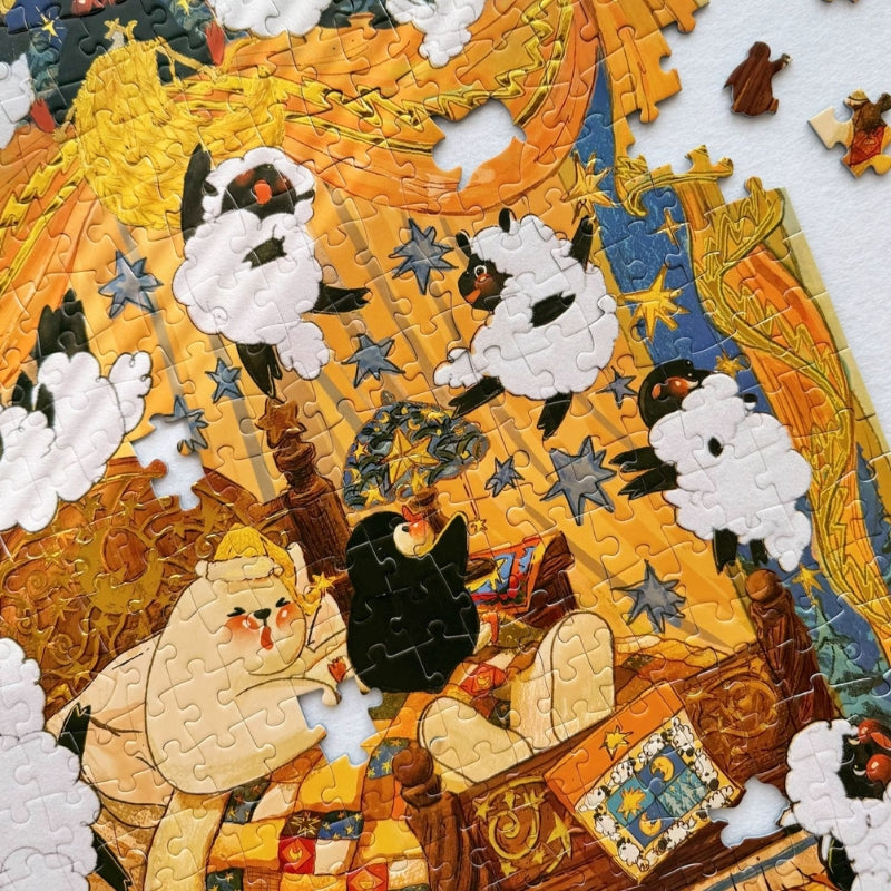 Partially completed Count Sheep jigsaw puzzle showing whimsical sheep floating around a cozy bedtime scene.